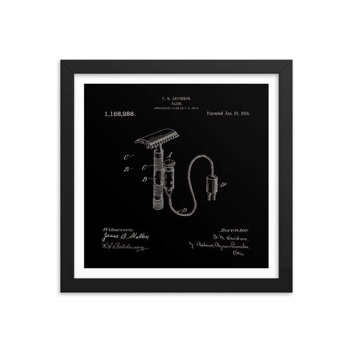Vintage Davidson Safety Razor Elegant Black Patent Drawing Framed Print - Phoenix Artisan Accoutrements