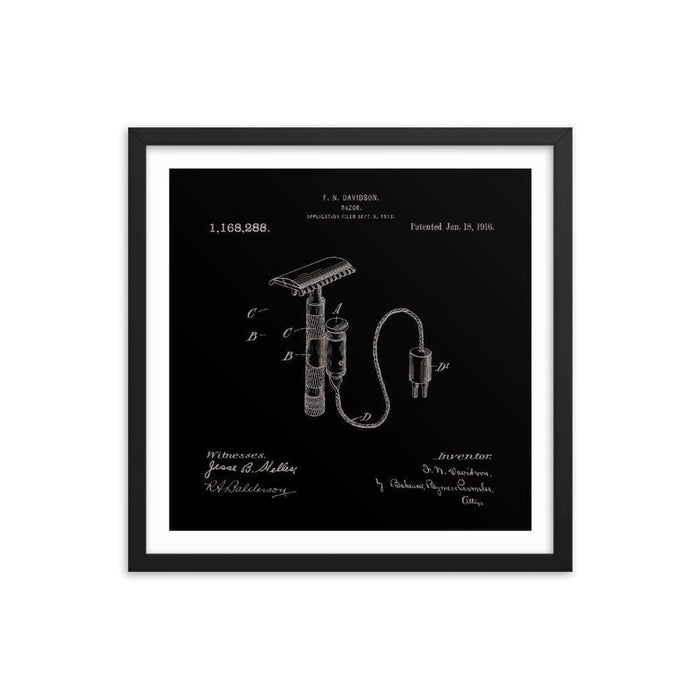 Vintage Davidson Safety Razor Elegant Black Patent Drawing Framed Print - Phoenix Artisan Accoutrements