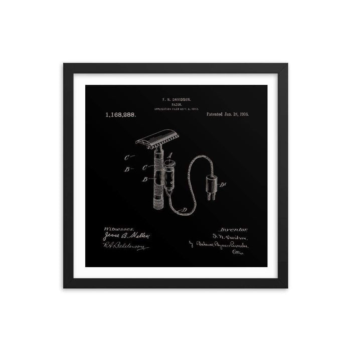 Vintage Davidson Safety Razor Elegant Black Patent Drawing Framed Print - Phoenix Artisan Accoutrements