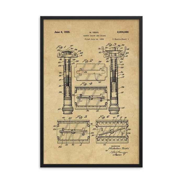 Vintage Gillette TTO Safety Razor Patent Drawing Framed Print - Phoenix Artisan Accoutrements
