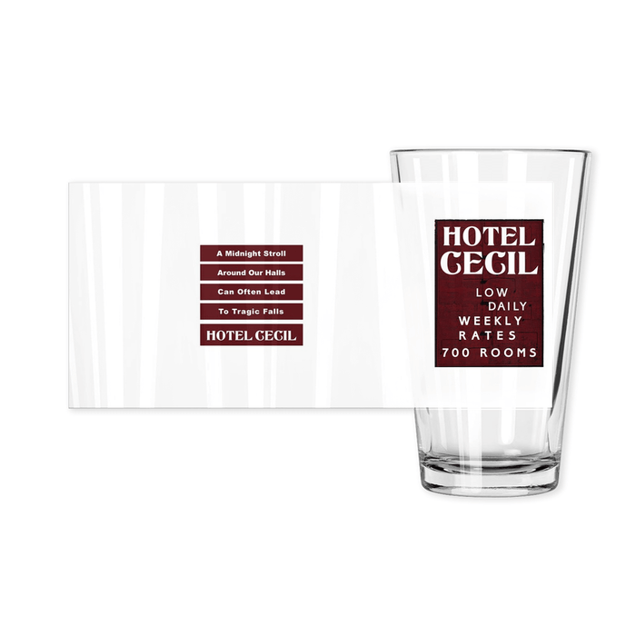 Hotel Cecil Rates Sign Haunted Pint Glass | Made in the USA | Collectible - Phoenix Artisan Accoutrements